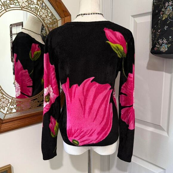 Y2K Elizabeth NY Black & Pink Floral Graphic Beaded Rhinestone Fuzzy Sweater M - Picture 5 of 8
